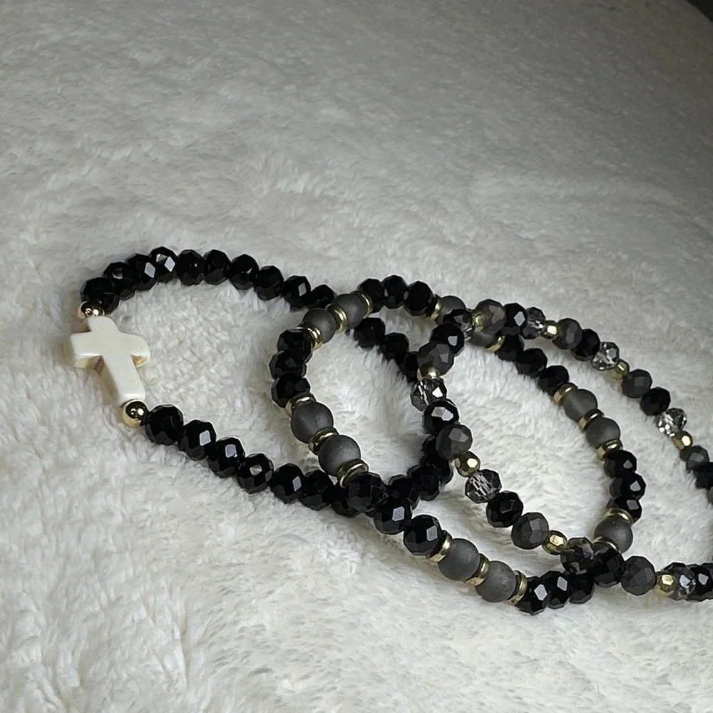 Beaded Bracelet Set of 3 w/Cross Charm on Black & Mirrored Grey & Gold Tone NWOT